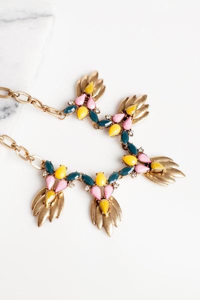 Brass Necklace With Pink, Turquoise & Marigold - Two Penny Blue