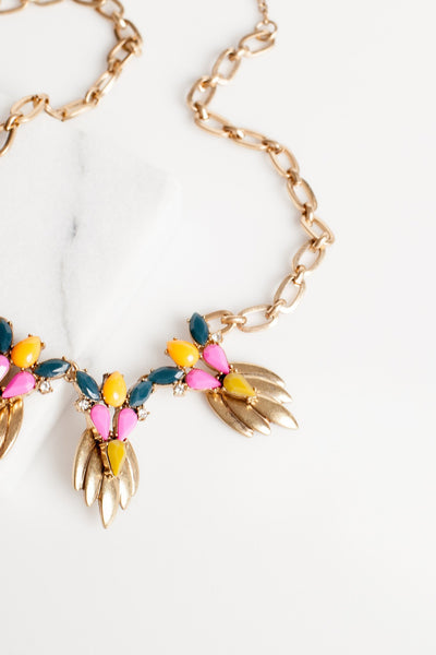 Brass Necklace With Pink, Turquoise & Marigold - Two Penny Blue