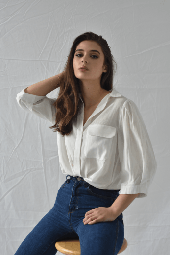 Frnch White Button Up Blouse - Two Penny Blue