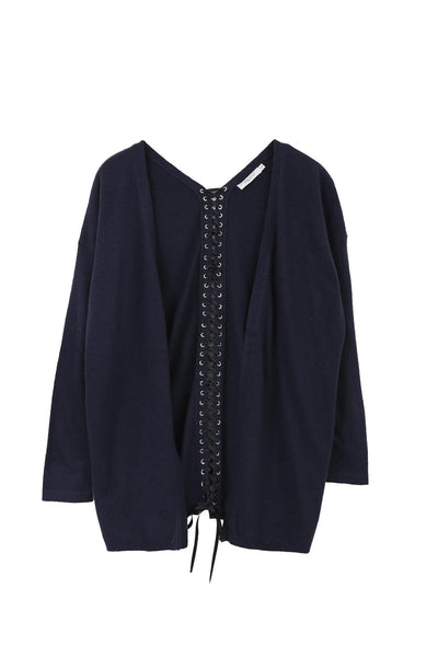 Lace-up Back Long Cardigan in Navy - Two Penny Blue