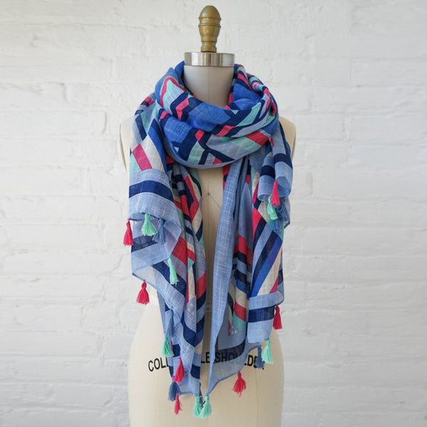 Printed Aztec Tassel Scarf - Two Penny Blue