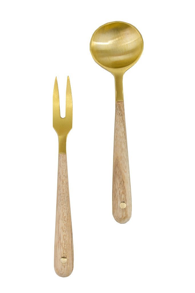 Aragon Teak Appetizer Fork & Spoon - Two Penny Blue