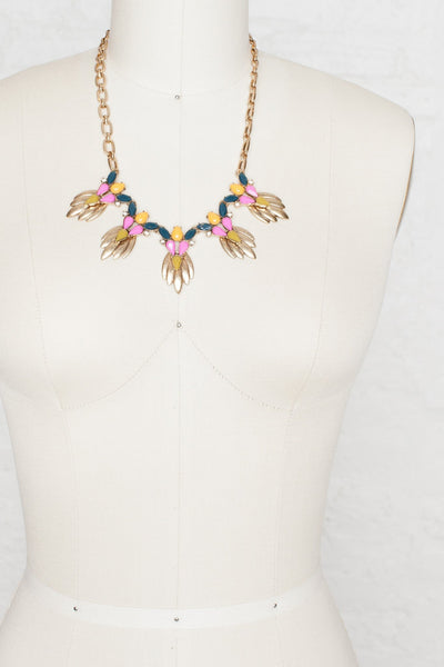 Brass Necklace With Pink, Turquoise & Marigold - Two Penny Blue