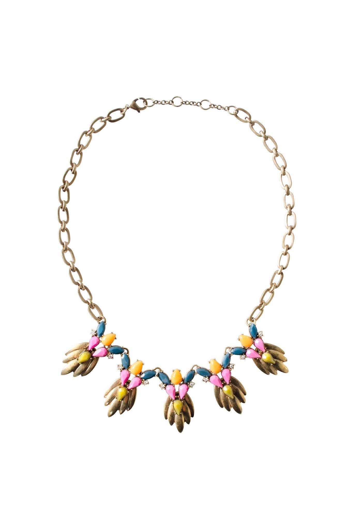 Brass Necklace With Pink, Turquoise & Marigold - Two Penny Blue