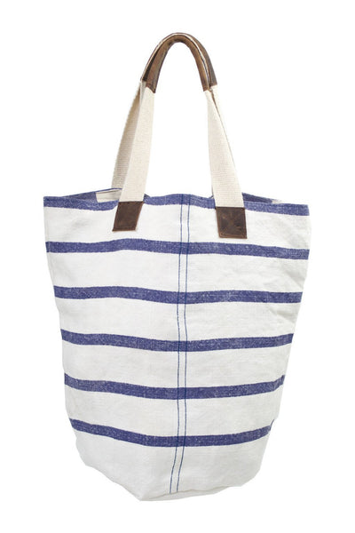 French Linen Blue Striped Bucket Tote - Two Penny Blue