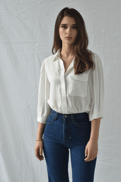 Frnch White Button Up Blouse - Two Penny Blue