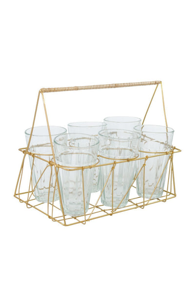 Gio Brass Wire & Rattan Caddy with Glasses - Two Penny Blue