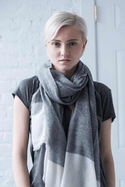 Luxe Ivory Tipped Gray Cashmere Scarf - Two Penny Blue