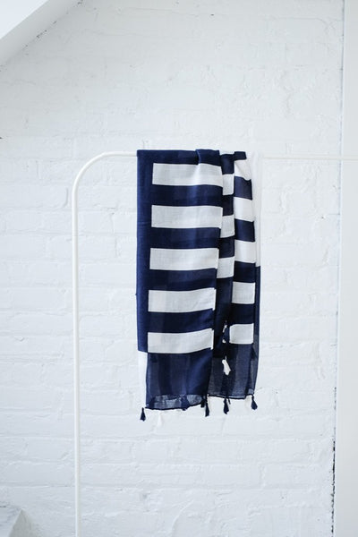 Navy and White Stripe Tassel Scarf - Two Penny Blue