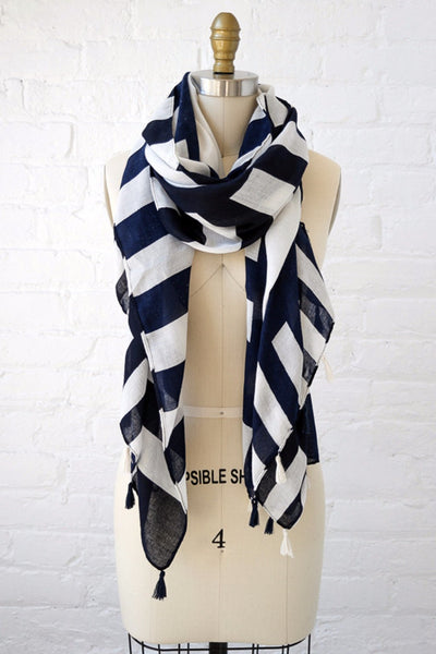 Navy and White Stripe Tassel Scarf - Two Penny Blue