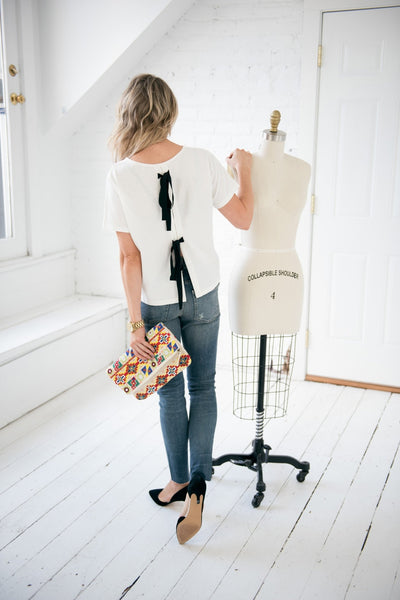 Short Sleeve Bow Back Tee in White - Two Penny Blue
