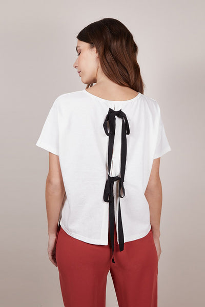 Short Sleeve Bow Back Tee in White - Two Penny Blue