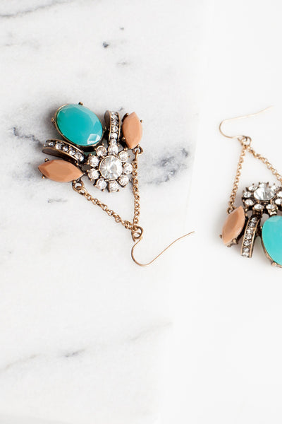 Statement Chandelier Earrings with Blush and Turquoise Accents - Two Penny Blue