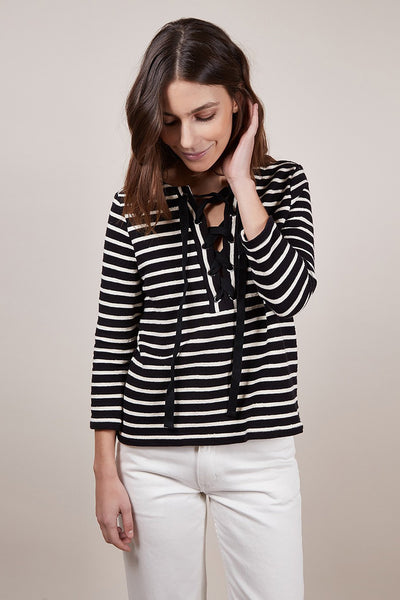 Striped 3/4 Length Sleeve Lace Front Top in Black and White - Two Penny Blue