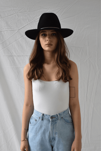 Wide Brim Fedora with Silver Chain - Two Penny Blue